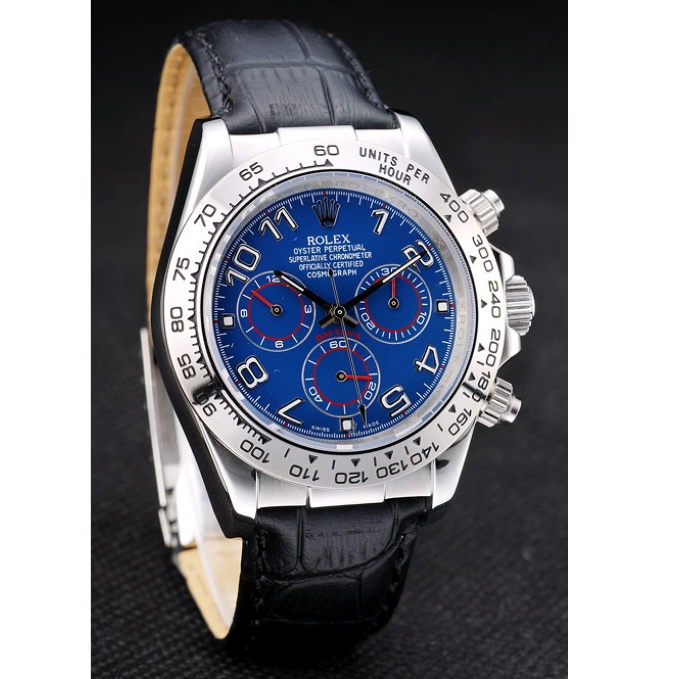 Aaa replica watch Strap Case Steel Dial Blue Rolex Daytona Black Leather Stainless 0724
